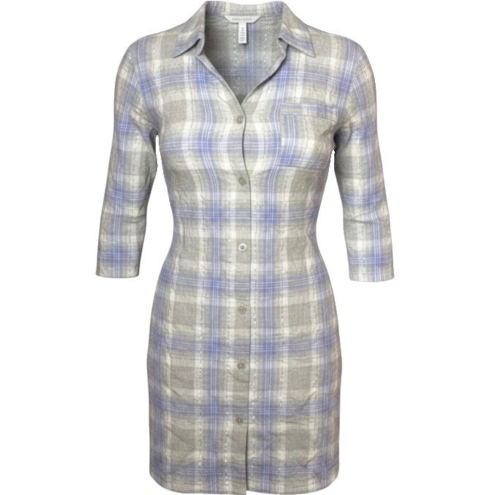 TALBOTS Womens Medium Lavender Purple Silver Plaid Flannel Night Shirt Gown